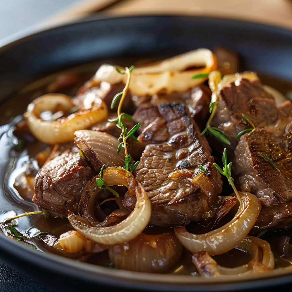 bœuf sauté à l'oignon caramélisé depuis recettemoderne.com