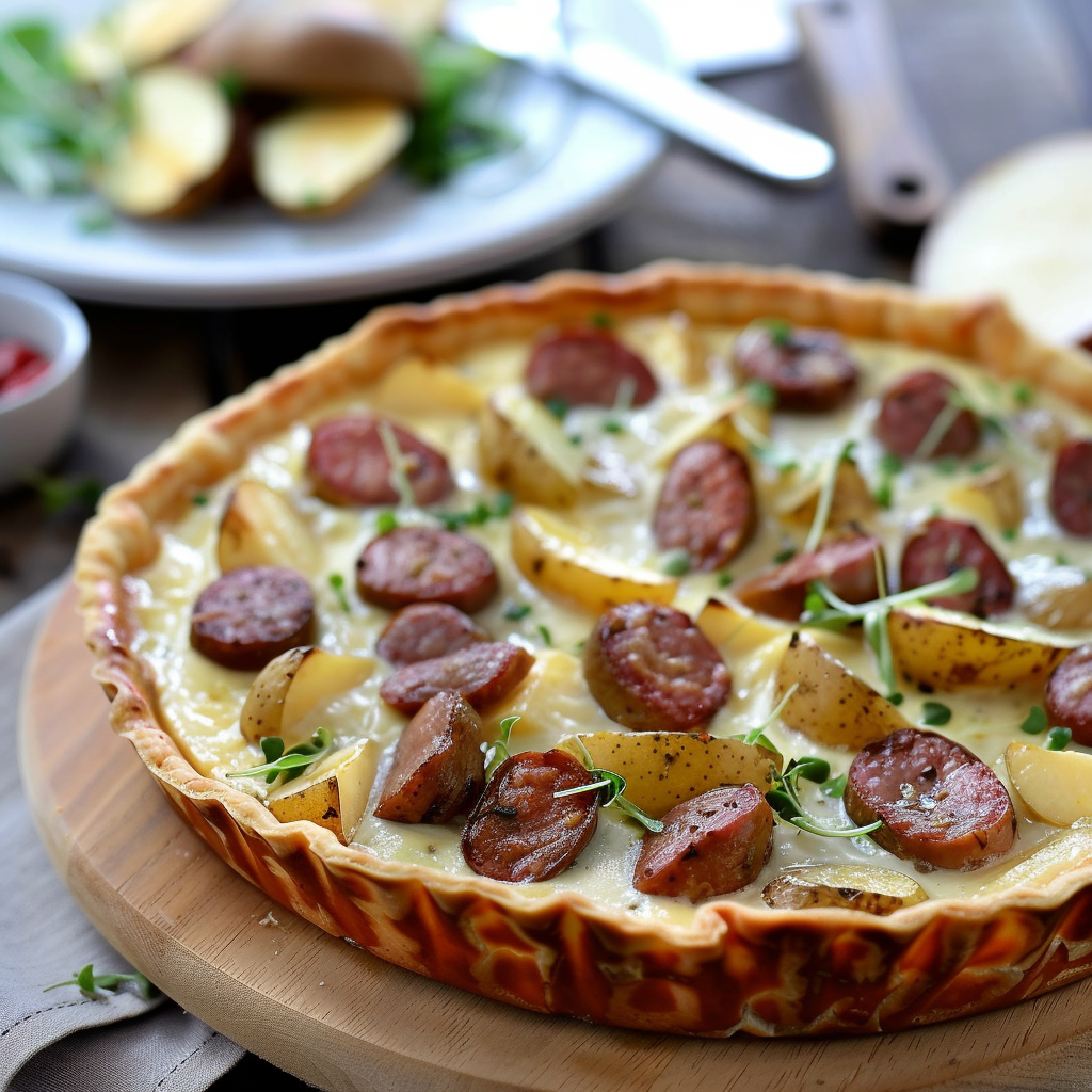 Quiche Campagnarde aux Saucisses Fumées et Pommes de Terre depuis recettesympa.com
