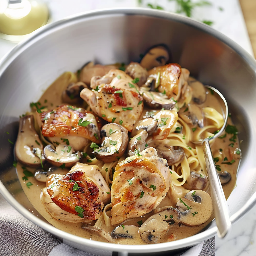 pâtes crémeuses au poulet et champignons depuis recettesympa.com