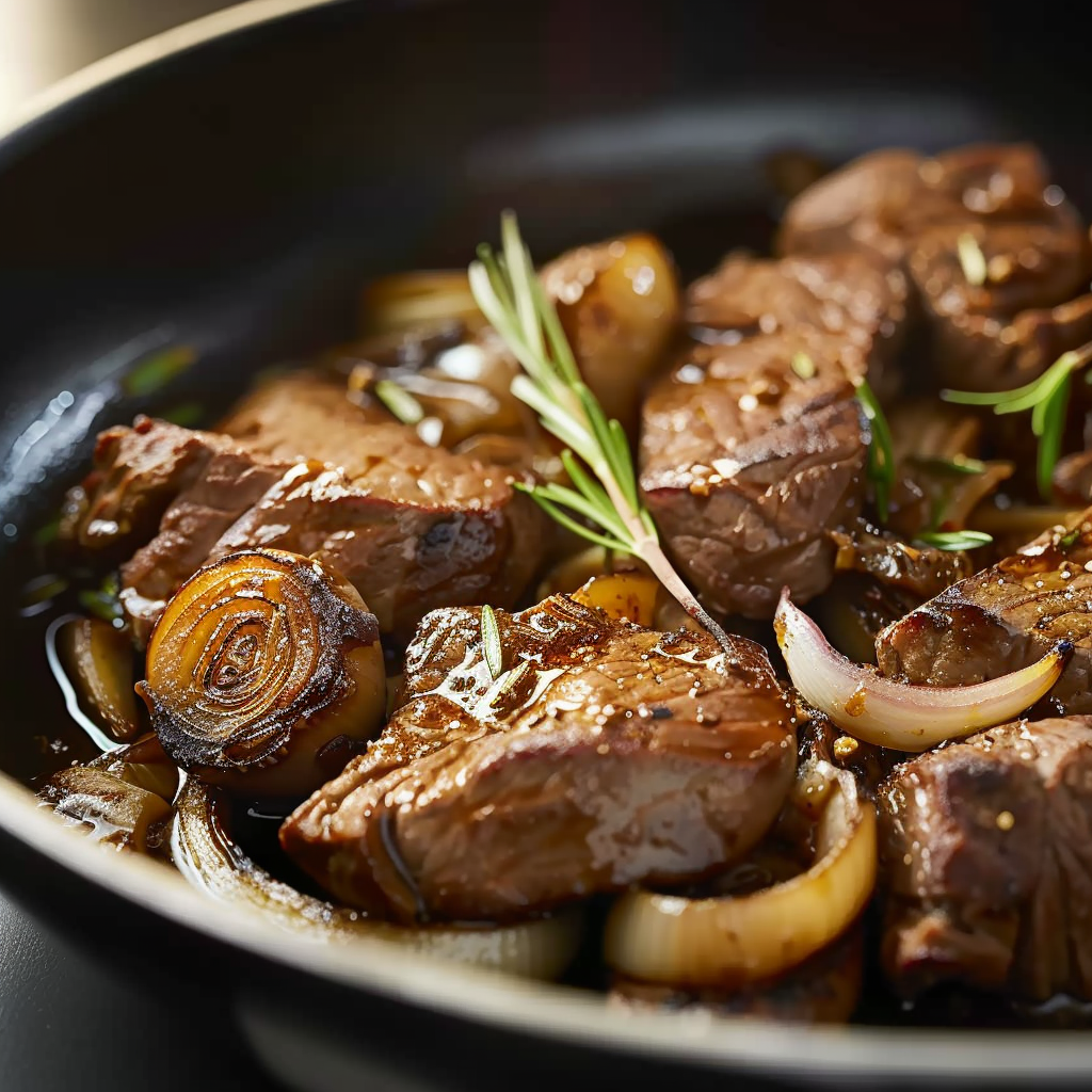 bœuf sauté à l'oignon caramélisé depuis recettemoderne.com