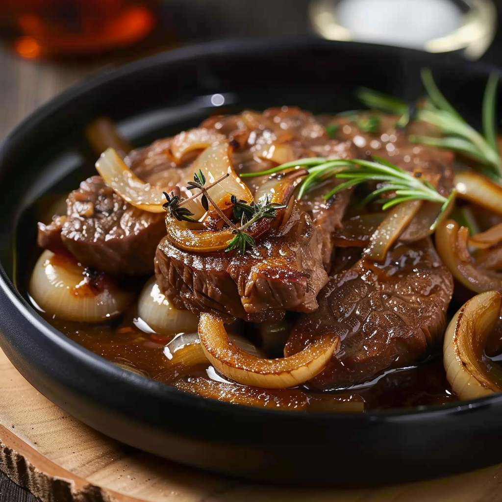bœuf sauté à l'oignon caramélisé depuis recettemoderne.com