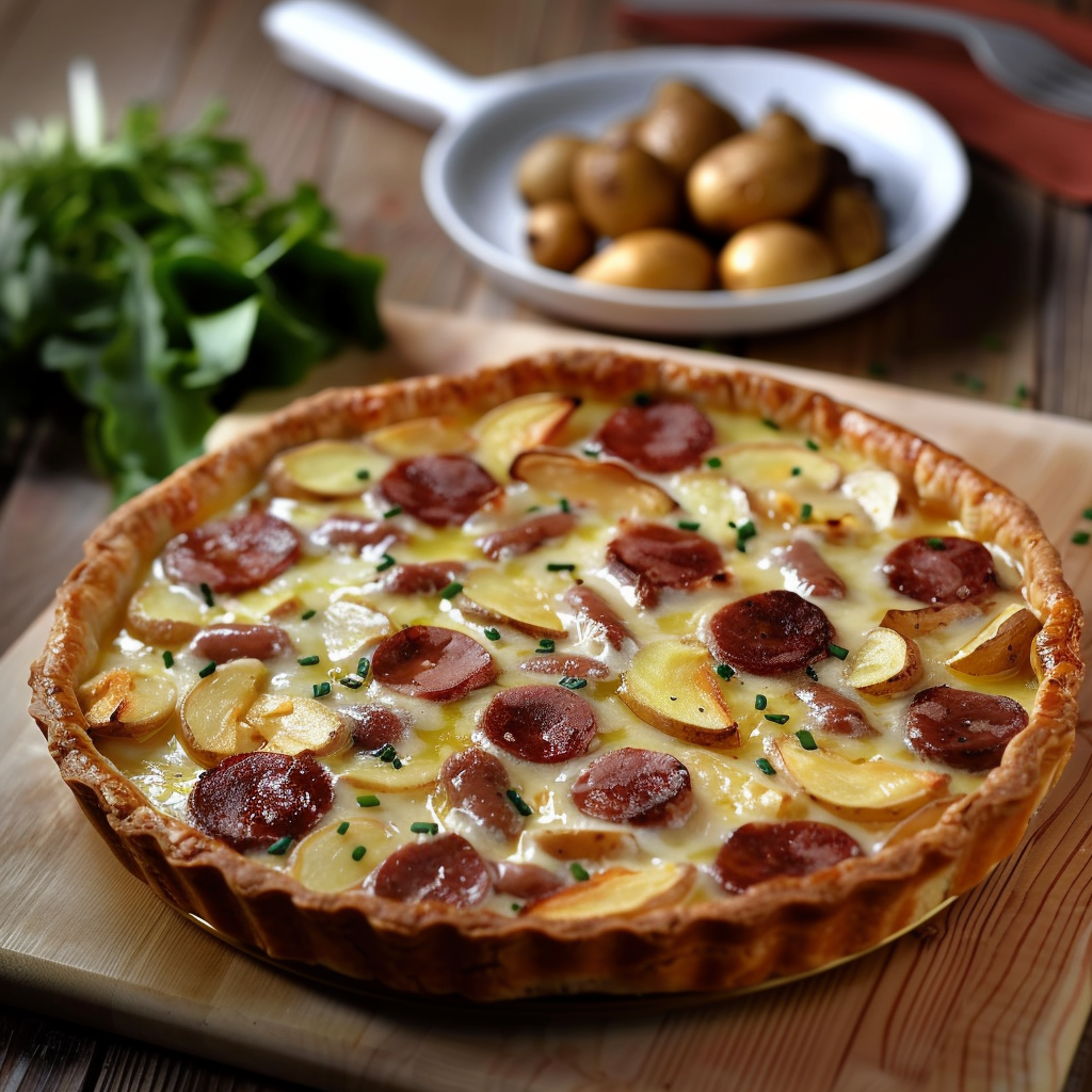 Quiche Campagnarde aux Saucisses Fumées et Pommes de Terre depuis recettesympa.com