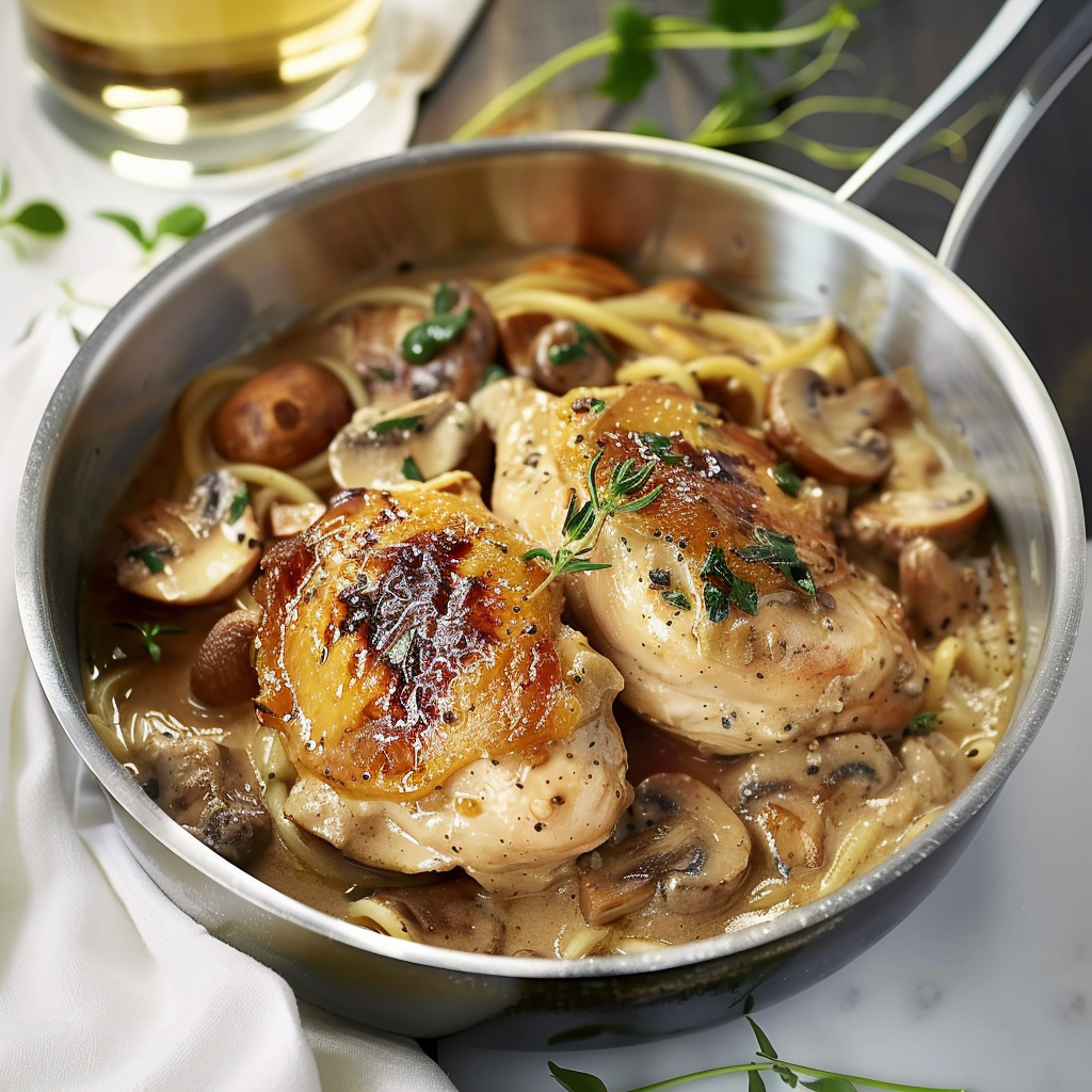 pâtes crémeuses au poulet et champignons depuis recettesympa.com