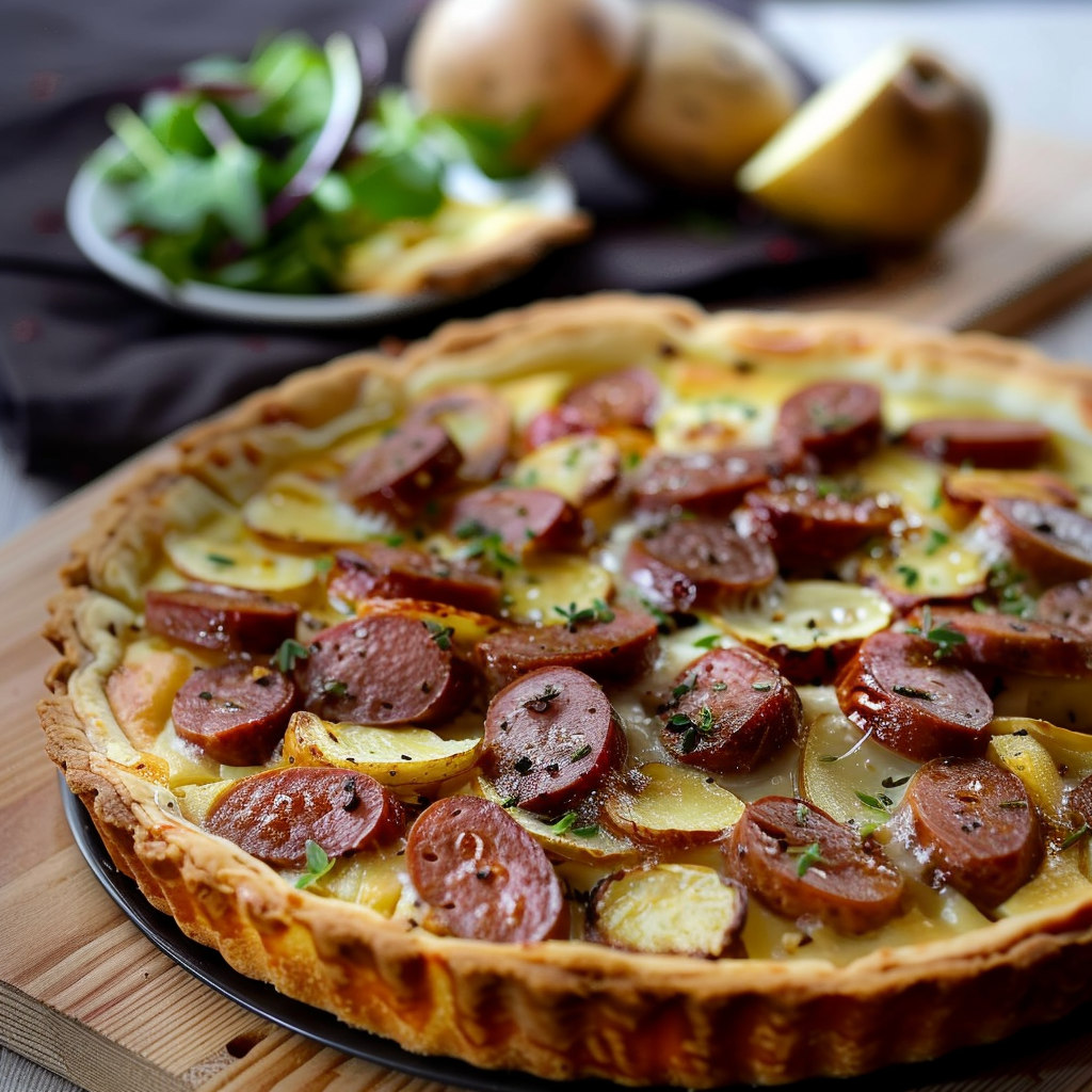 Quiche Campagnarde aux Saucisses Fumées et Pommes de Terre depuis recettesympa.com