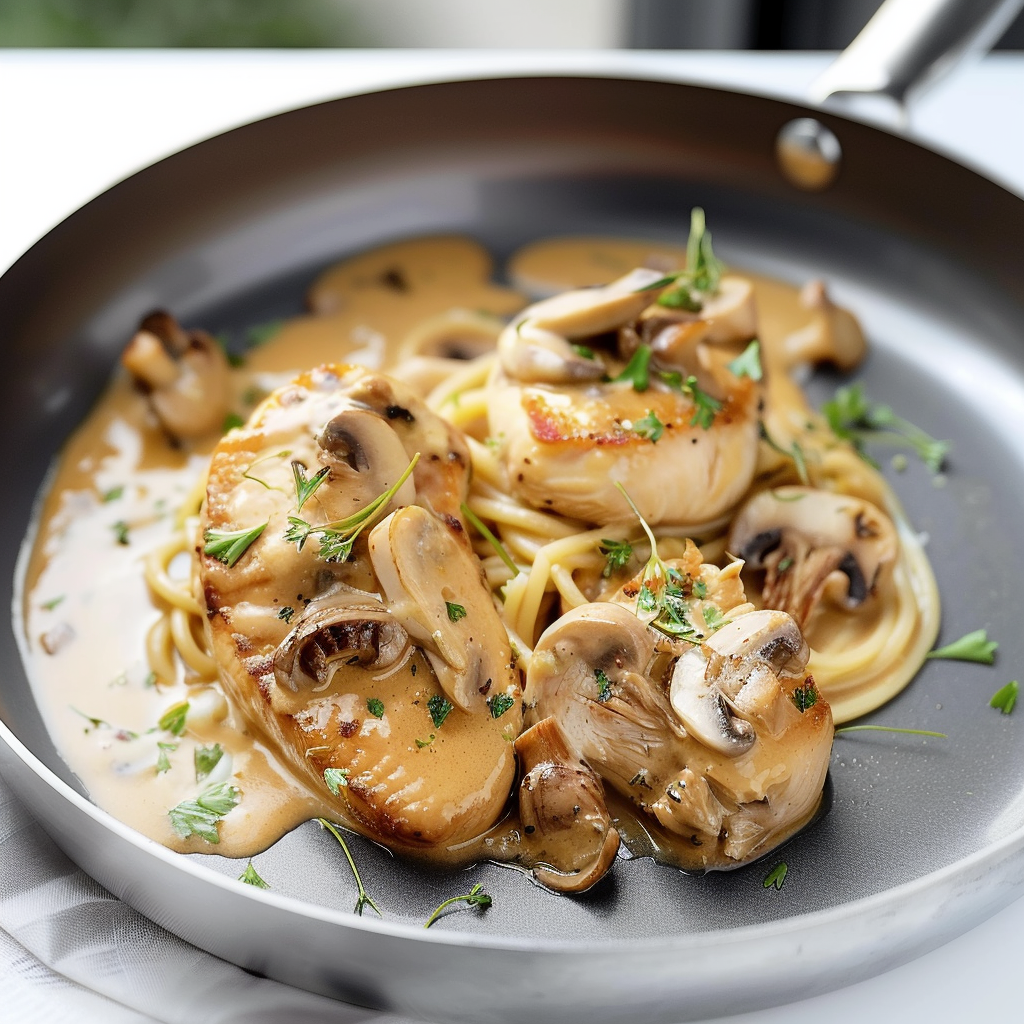 pâtes crémeuses au poulet et champignons depuis recettesympa.com